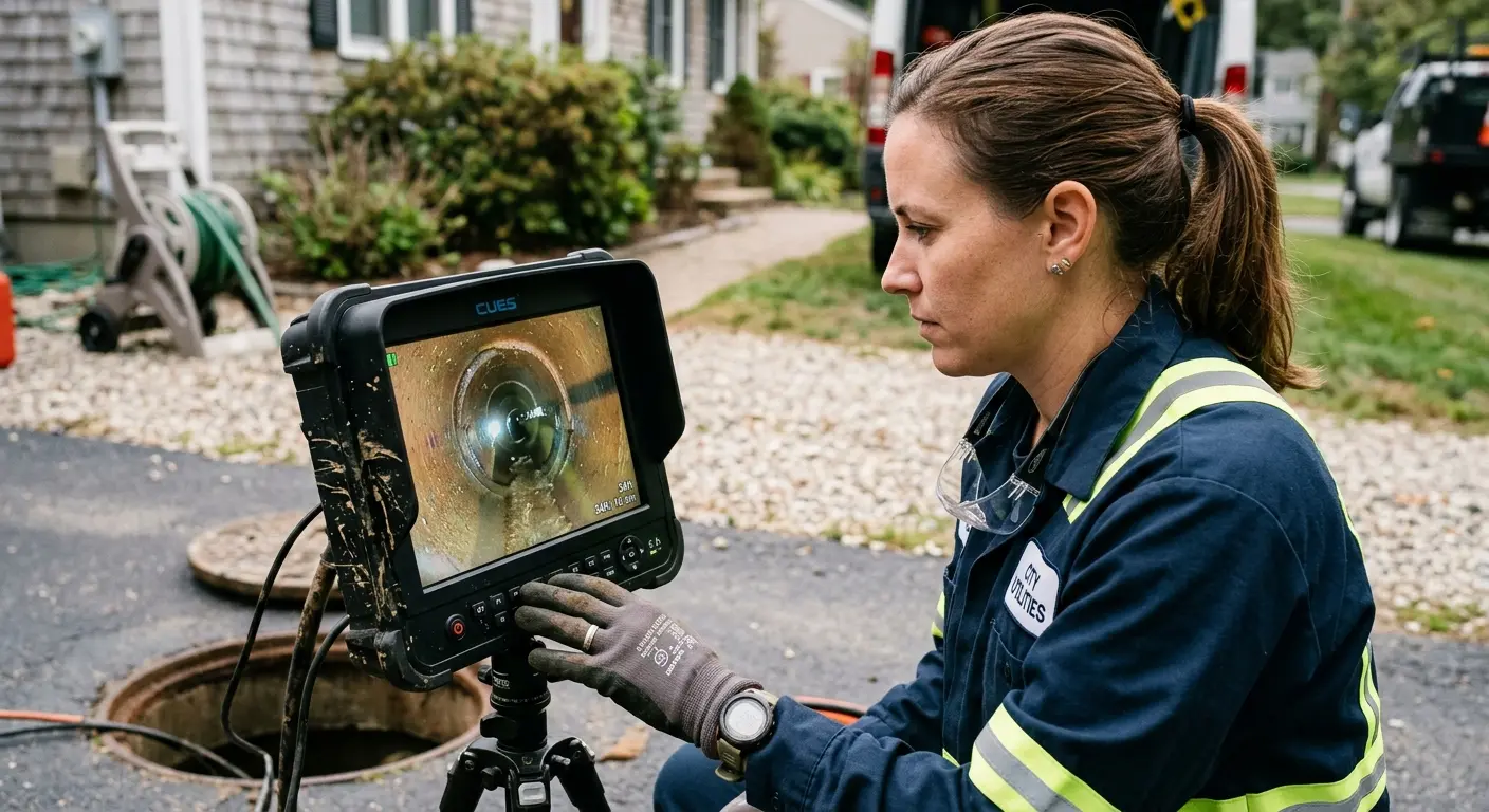 Technician reviewing sewer camera inspection footage in South Lyon
