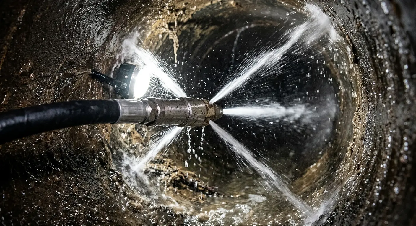 High-pressure hydro jetting nozzle cleaning sewer pipe for Sewer Cleanout in South Lyon