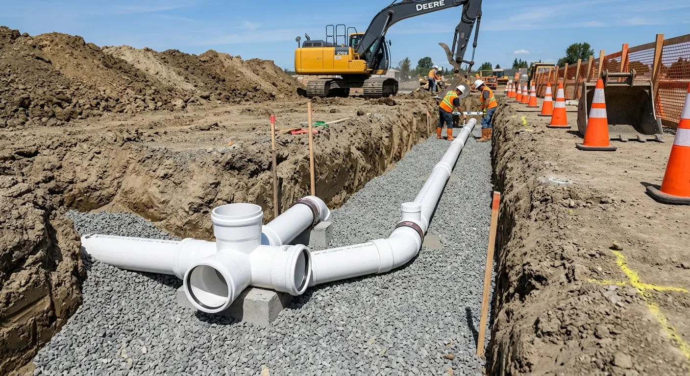 New PVC sewer pipe installation in open trench for Commercial Drain Cleaning in South Lyon