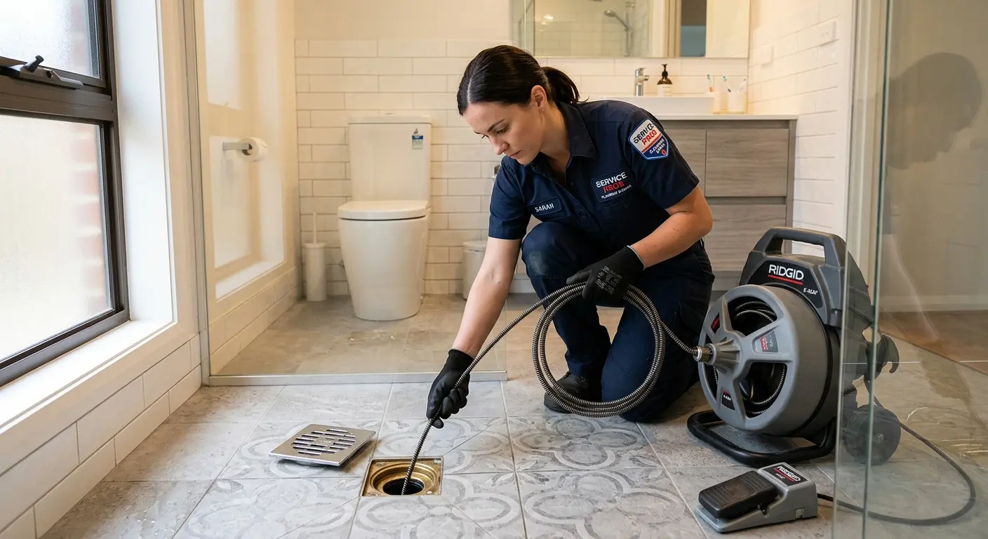Technician clearing a bathroom floor drain for Drain Cleaning in South Lyon